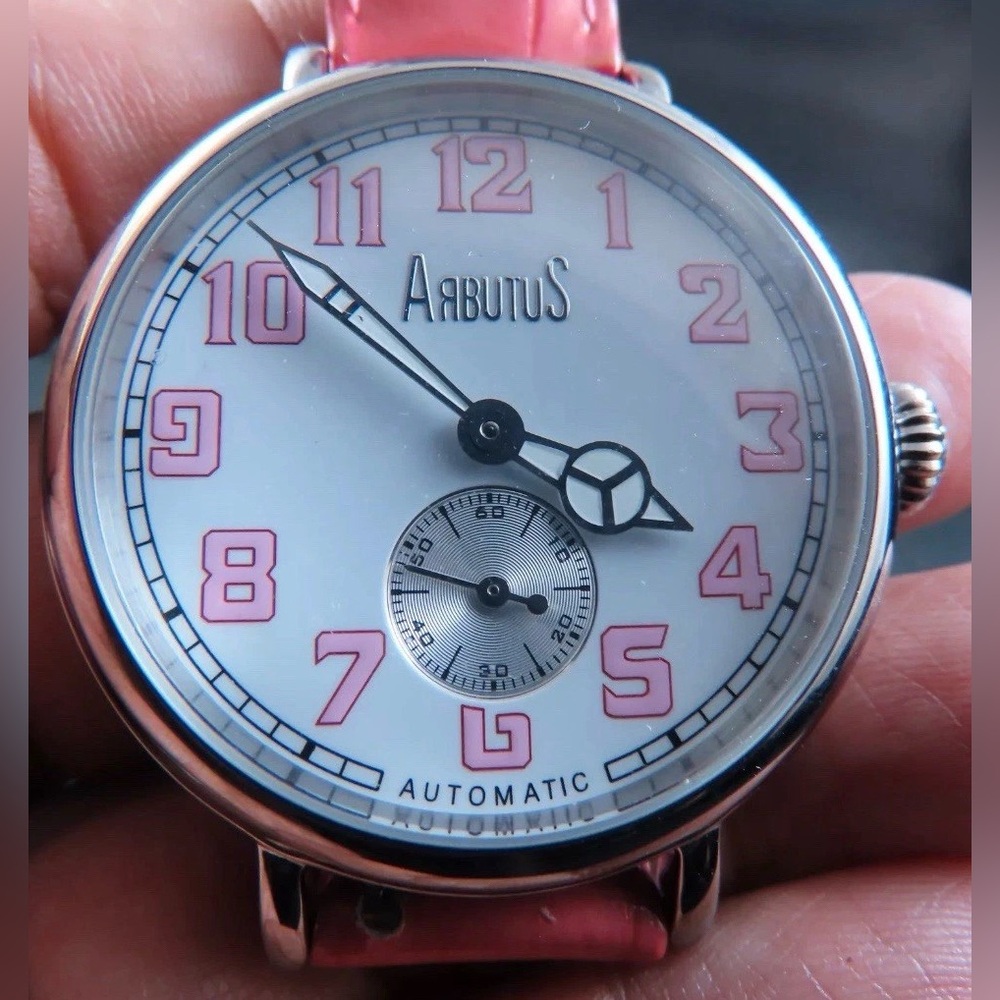 rare ARBUTUS NEW YORK AUTOMATIC WATCH!  Unisex 40mm Wristwatch  PINK NUMBER DIAL